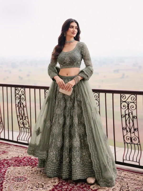 Sage Green Lattice Embroidered Net Semi-Stitched Girly Lehenga Choli - Front View
