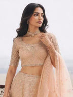 Peach Rose Gold Embroidered Net Semi-Stitched Girly Lehenga Choli - View 2