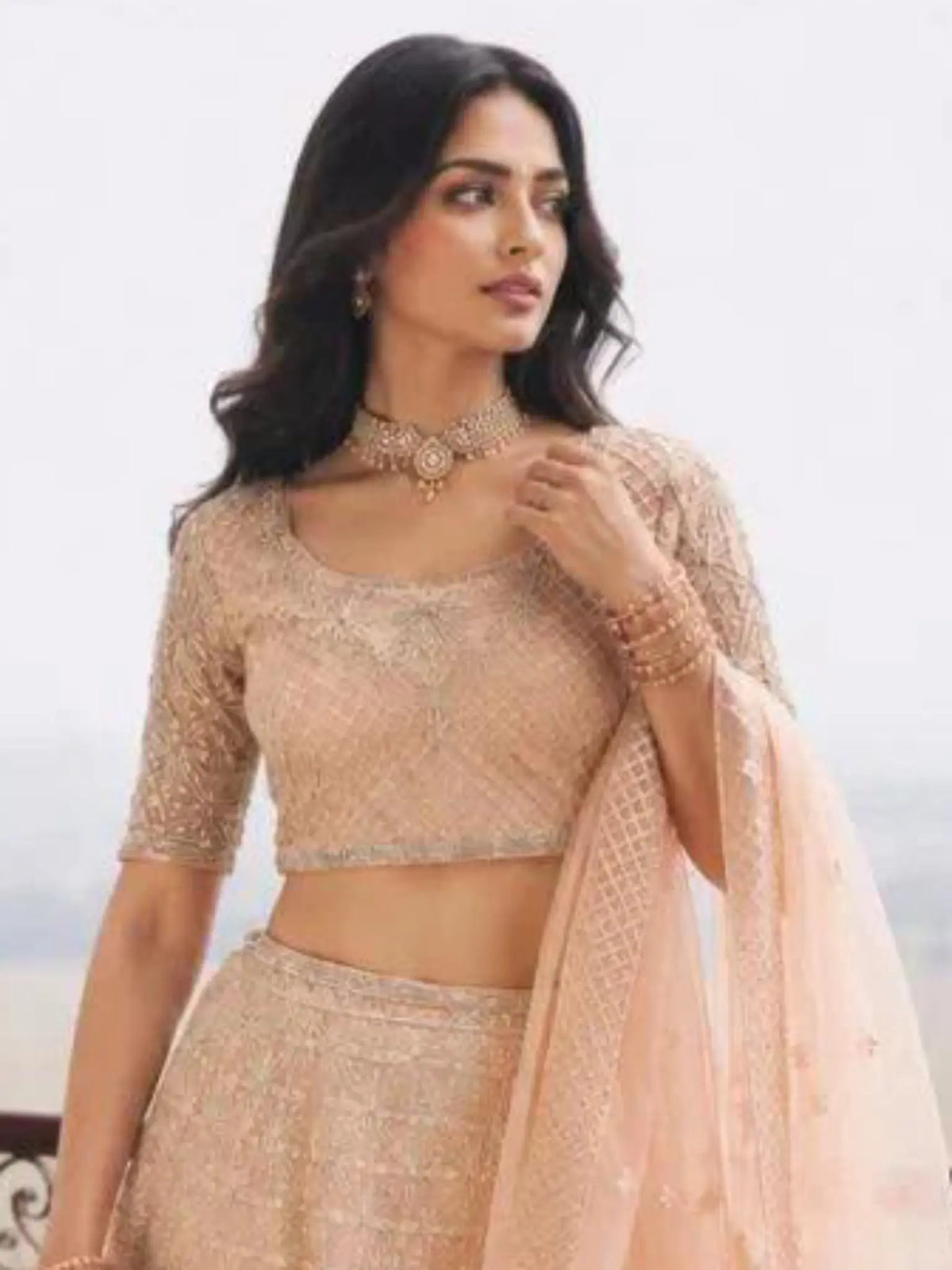 Peach Rose Gold Embroidered Net Semi-Stitched Girly Lehenga Choli - View 2
