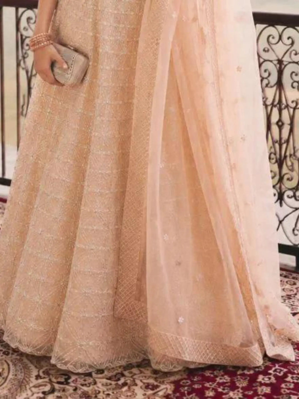 Peach Rose Gold Embroidered Net Semi-Stitched Girly Lehenga Choli - View 3