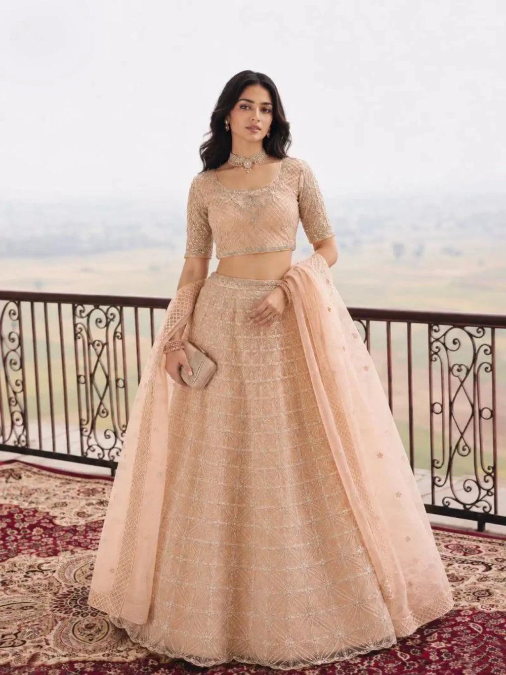 Peach Rose Gold Embroidered Net Semi-Stitched Girly Lehenga Choli - View 4