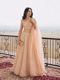 Peach Rose Gold Embroidered Net Semi-Stitched Girly Lehenga Choli