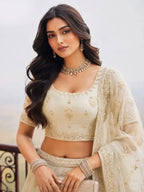 Ivory Cream Architectural Embroidered Net Semi-Stitched Girly Lehenga Choli - View 2