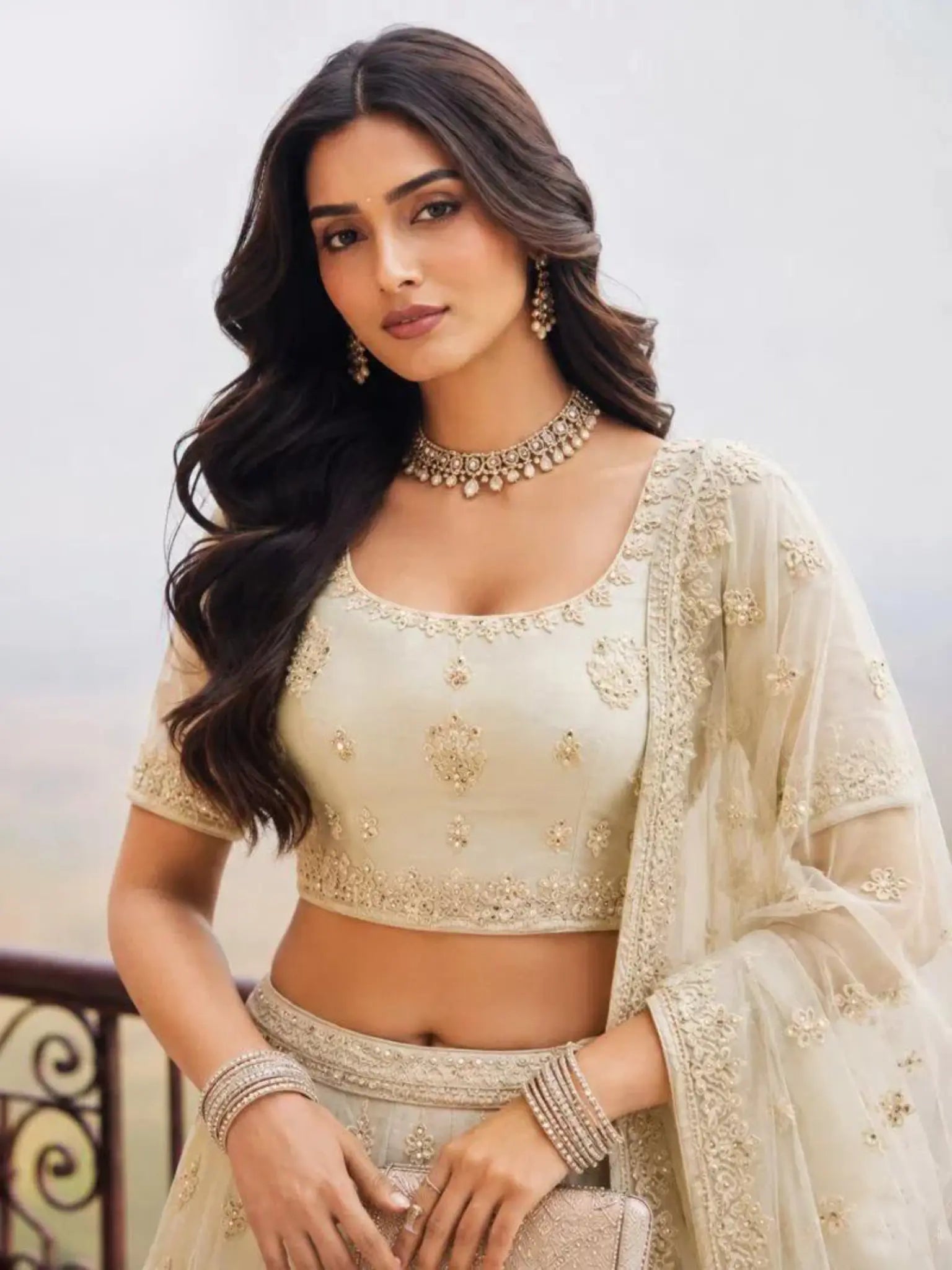 Ivory Cream Architectural Embroidered Net Semi-Stitched Girly Lehenga Choli - View 2