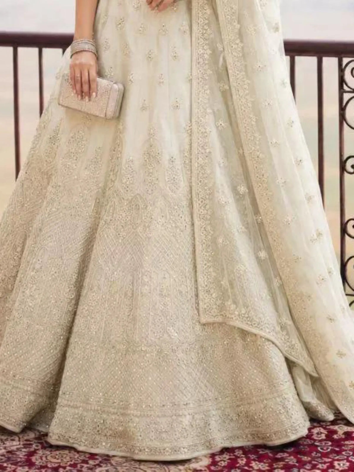 Ivory Cream Architectural Embroidered Net Semi-Stitched Girly Lehenga Choli - View 3