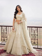 Ivory Cream Architectural Embroidered Net Semi-Stitched Girly Lehenga Choli - Front View
