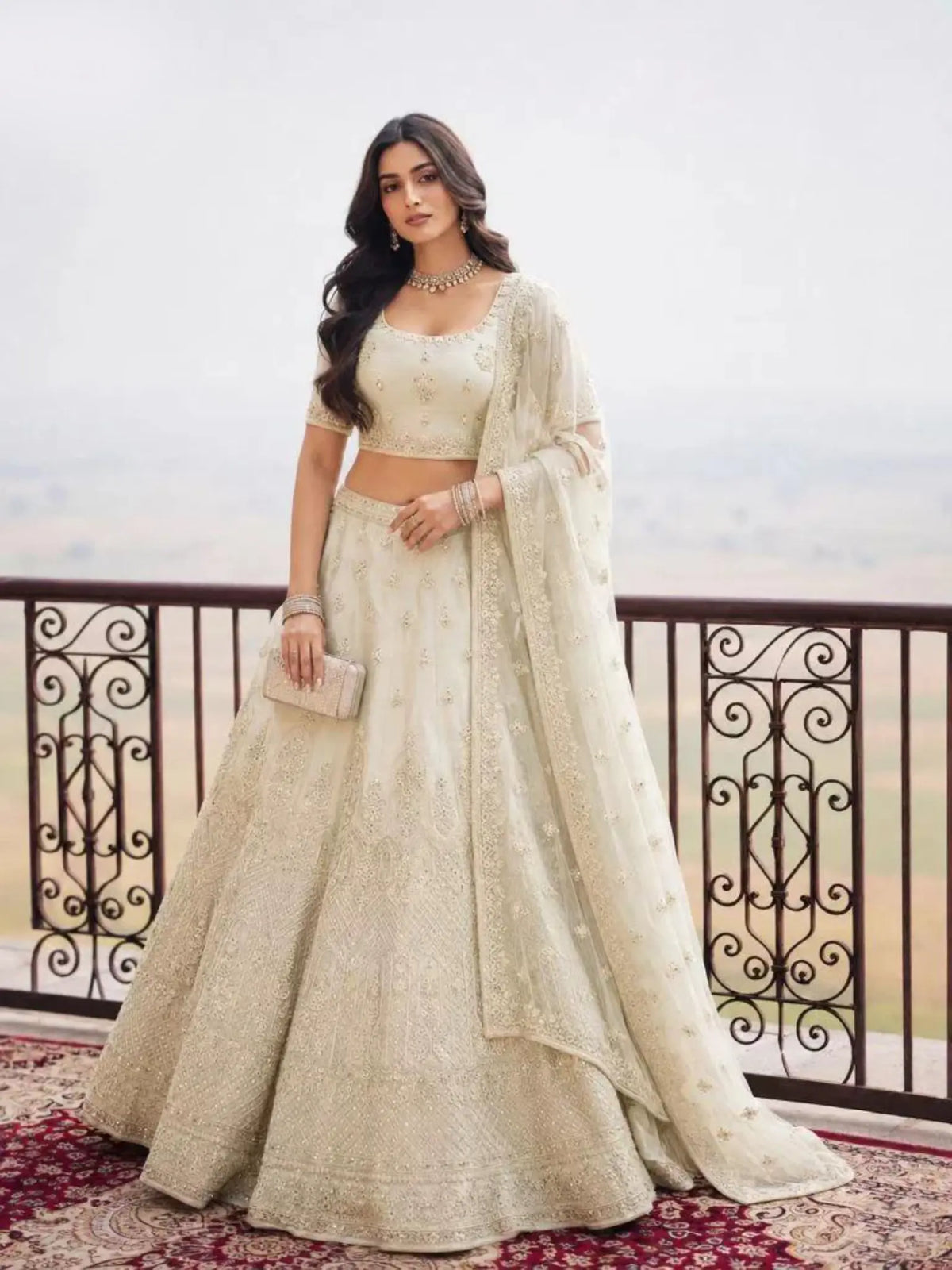 Ivory Cream Architectural Embroidered Net Semi-Stitched Girly Lehenga Choli - Front View