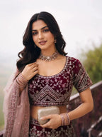 Wine Burgundy Diamond Embroidered Net Semi-Stitched Girly Lehenga Choli - View 2