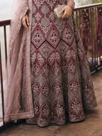 Wine Burgundy Diamond Embroidered Net Semi-Stitched Girly Lehenga Choli - View 3
