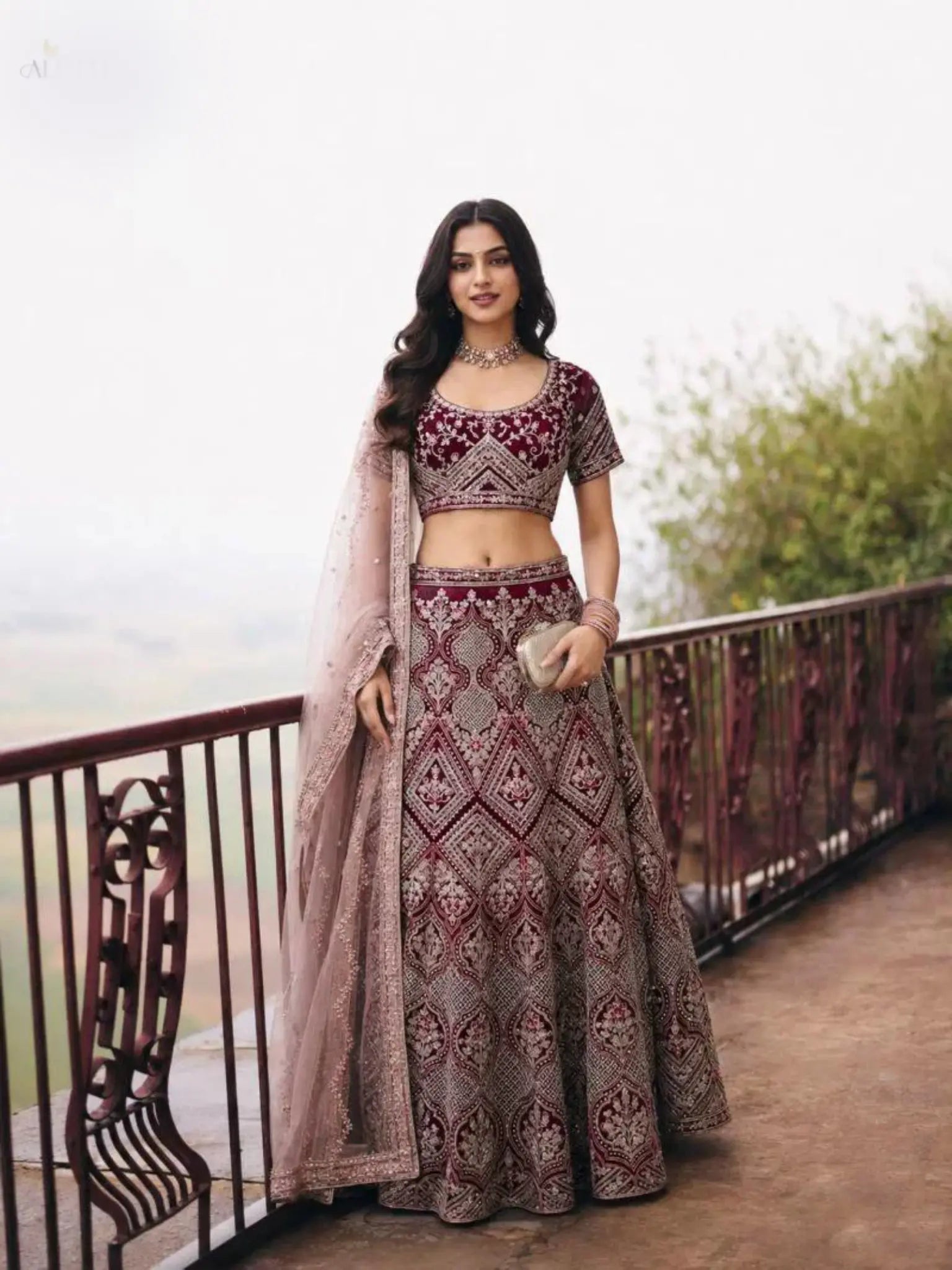 Wine Burgundy Diamond Embroidered Net Semi-Stitched Girly Lehenga Choli - Front View