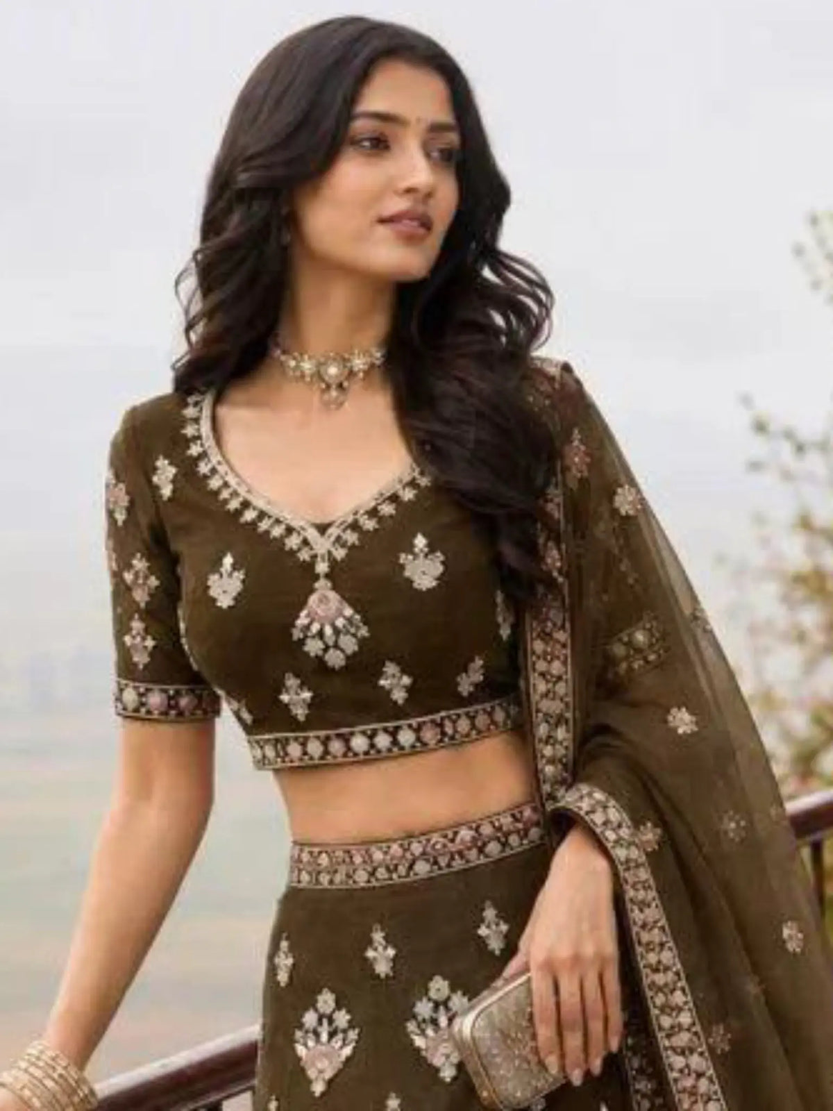 Mehendi Olive Green Embroidered Net Semi-Stitched Girly Lehenga Choli - View 2