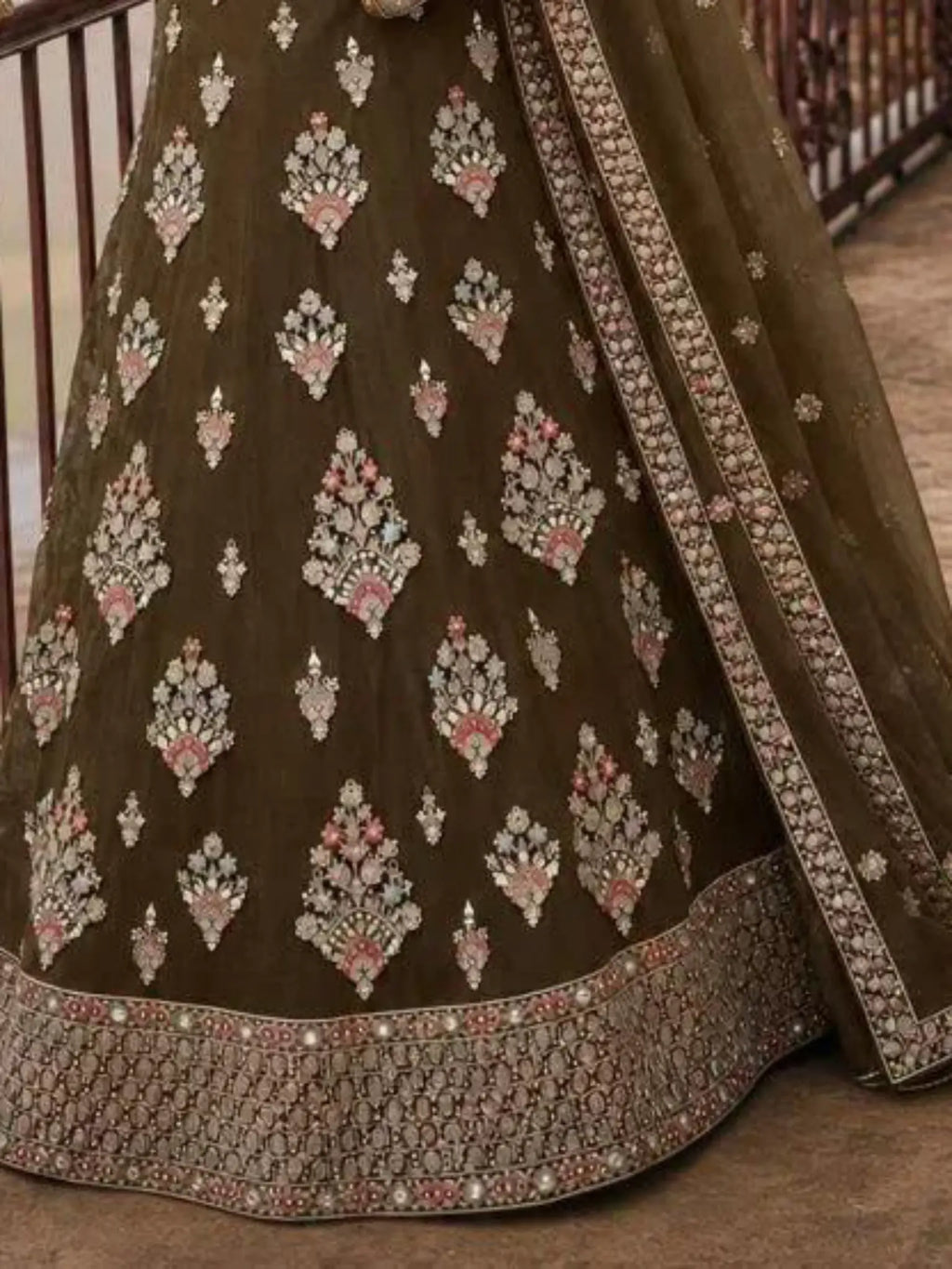Mehendi Olive Green Embroidered Net Semi-Stitched Girly Lehenga Choli - View 3