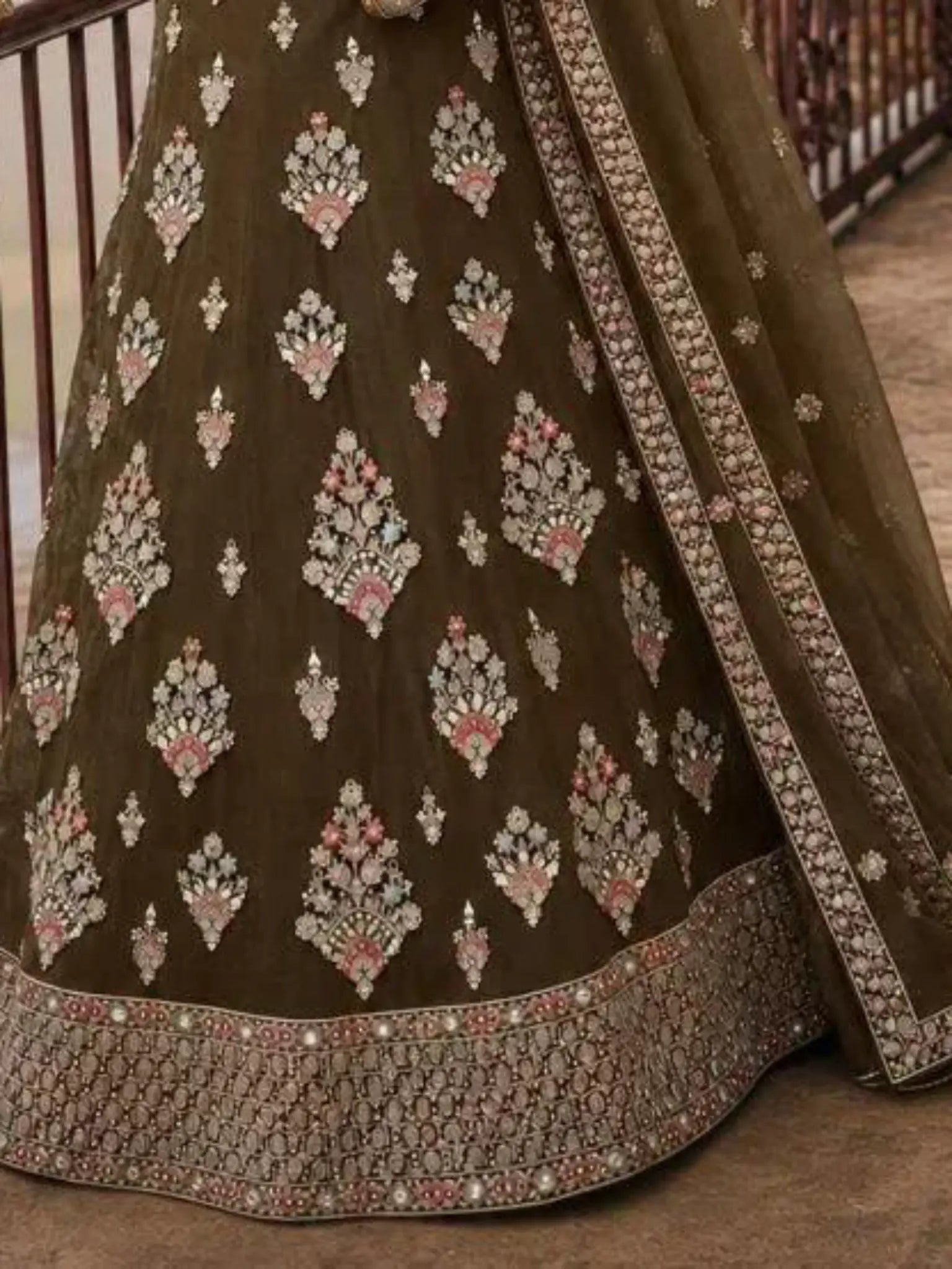 Mehendi Olive Green Embroidered Net Semi-Stitched Girly Lehenga Choli - View 3