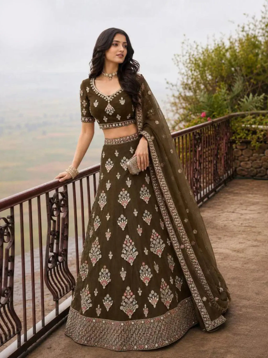 Mehendi Olive Green Embroidered Net Semi-Stitched Girly Lehenga Choli - Front View
