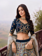 Slate Blue Scallop Embroidered Silk Semi-Stitched Girly Lehenga Choli - View 2