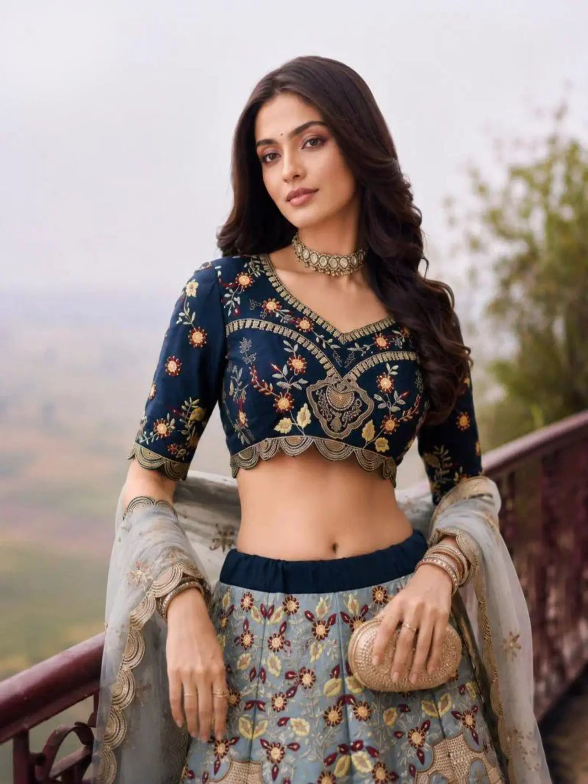 Slate Blue Scallop Embroidered Silk Semi-Stitched Girly Lehenga Choli - View 2