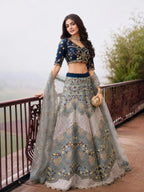 Slate Blue Scallop Embroidered Silk Semi-Stitched Girly Lehenga Choli - Front View