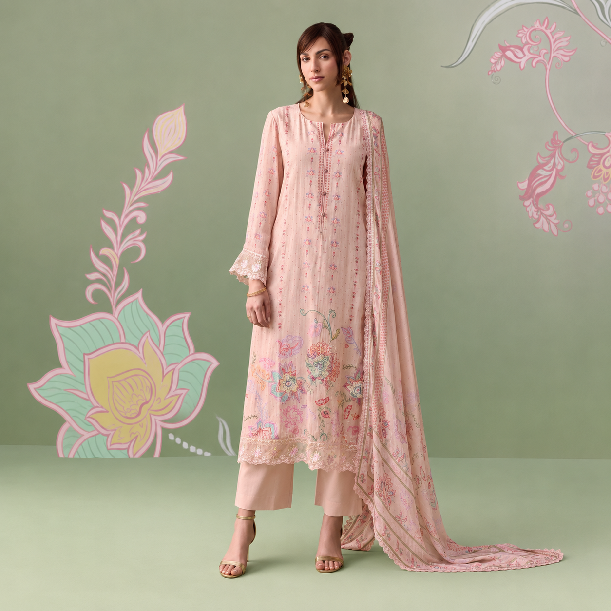 Peach Muslin Digital Print Embroidered Unstitched Salwar Kameez Set