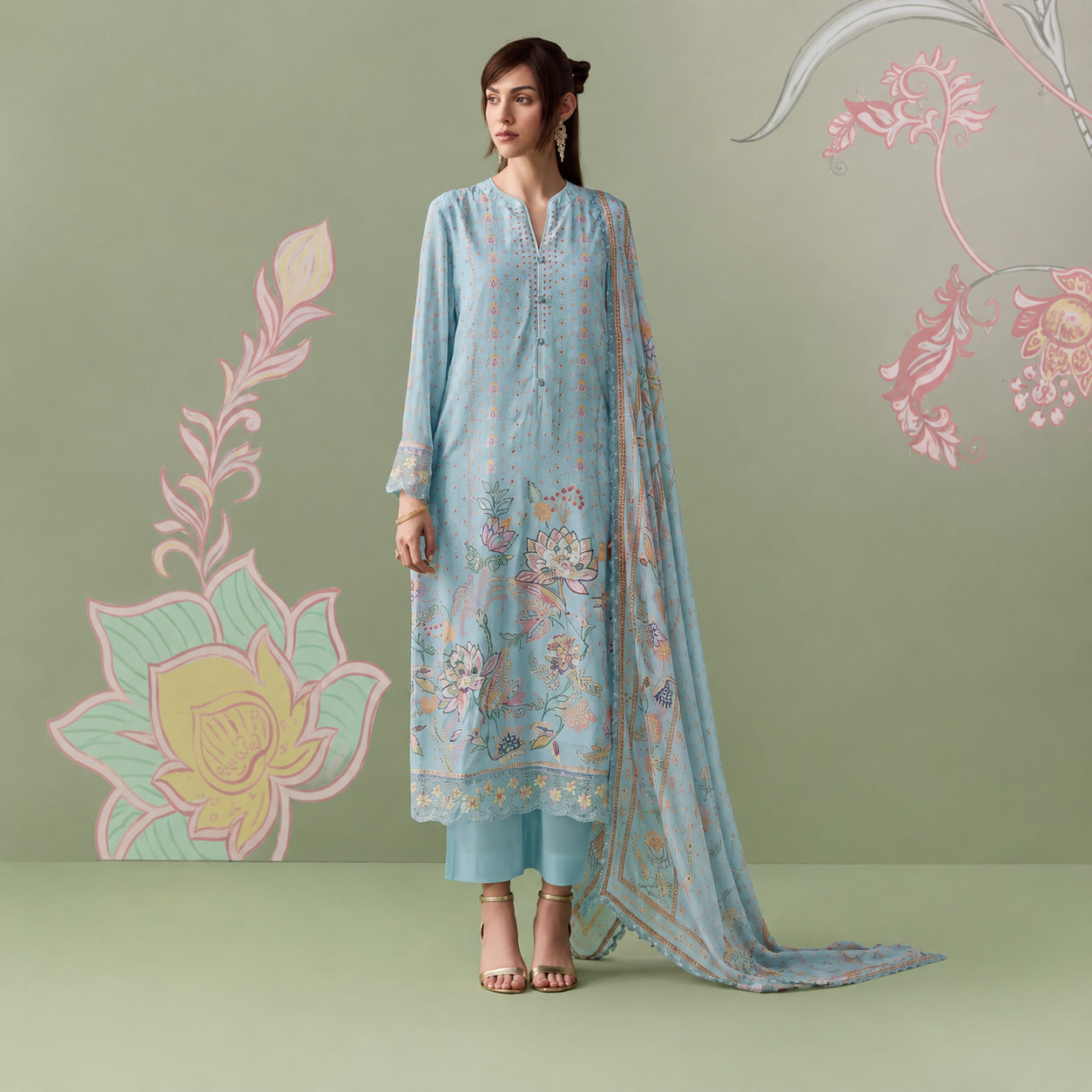Sky Blue Pure Muslin Digital Print Salwar Suit with Pure Chinon Dupatta