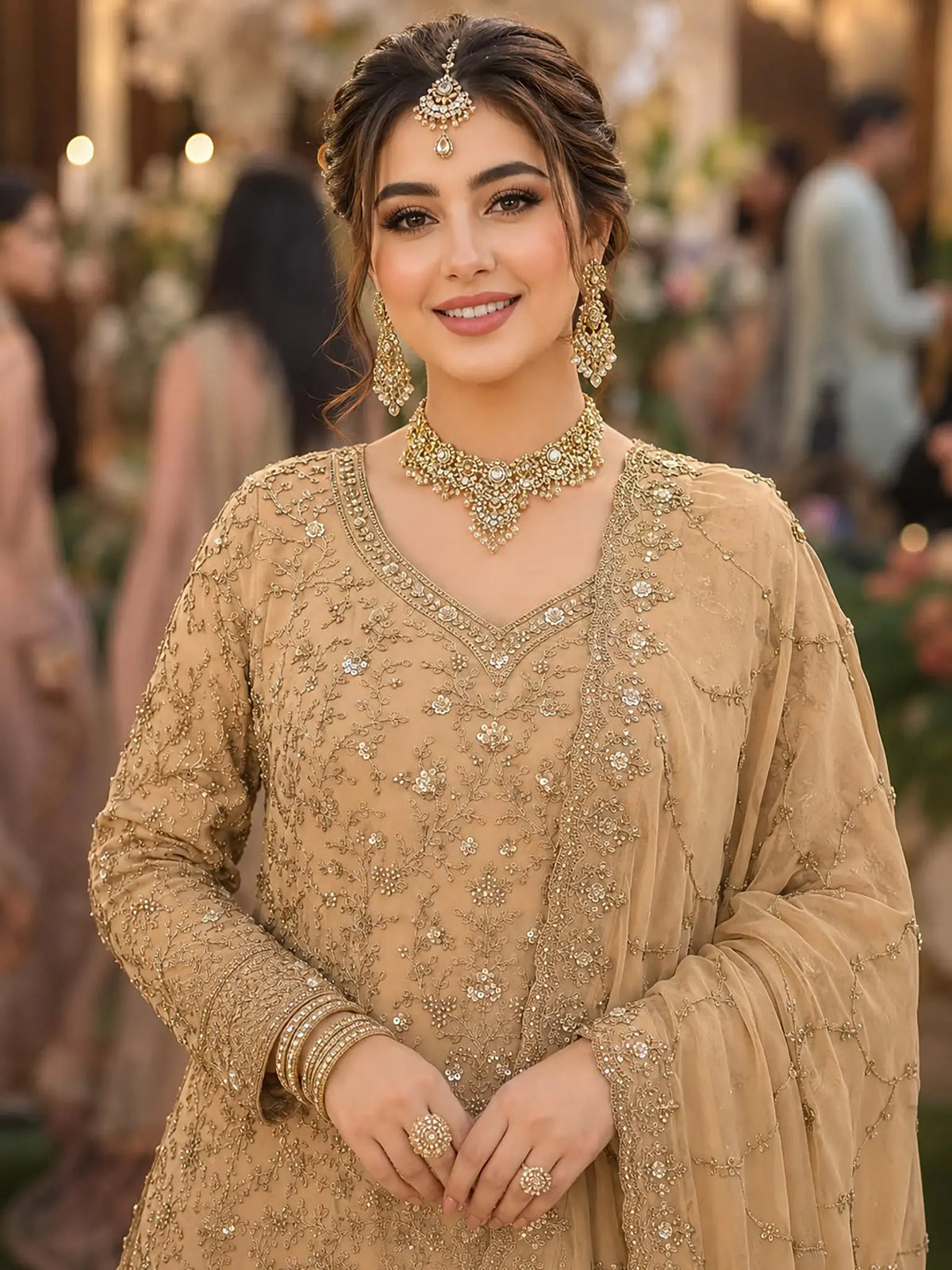 Intricate Sequence and Stone Embroidery on Muted Gold Georgette Lehenga Suit - close-up view