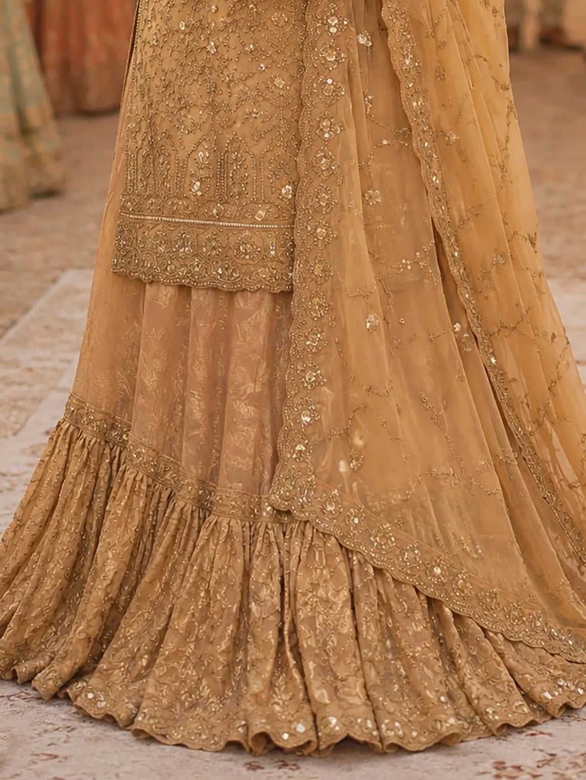 Matching Banarasi silk flared can-can lehenga skirt and dupatta for Muted Gold Lehenga Suit