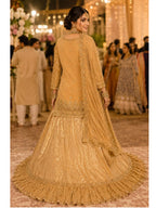 Back drape and silhouette details of Muted Gold Georgette Banarasi Lehenga Suit