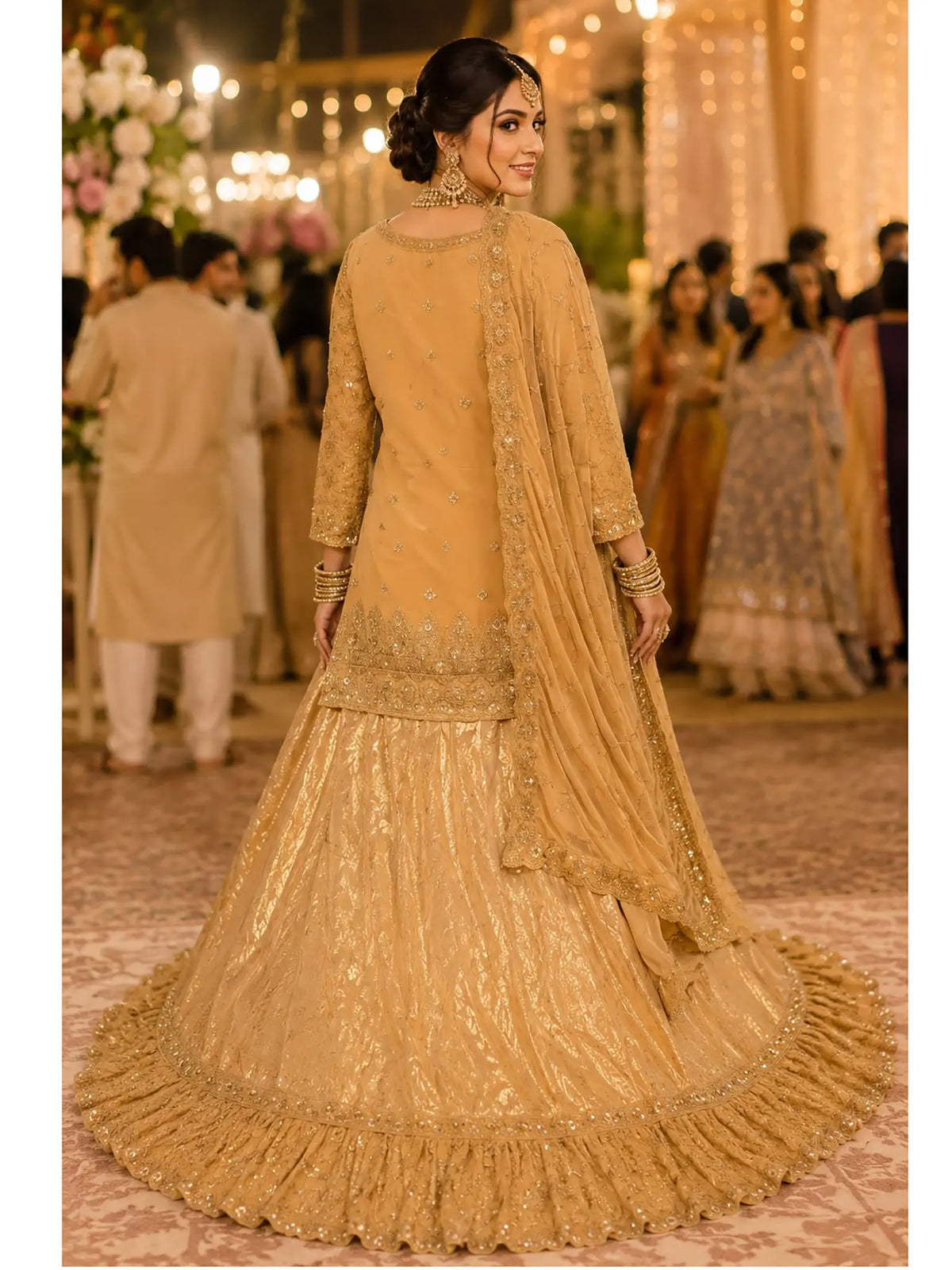 Back drape and silhouette details of Muted Gold Georgette Banarasi Lehenga Suit