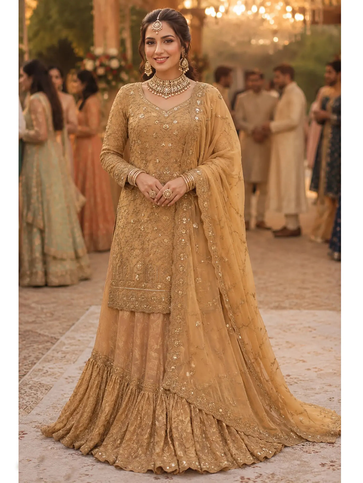 Muted Gold Real Georgette Lehenga Suit Set front drape view - Naksh Creation