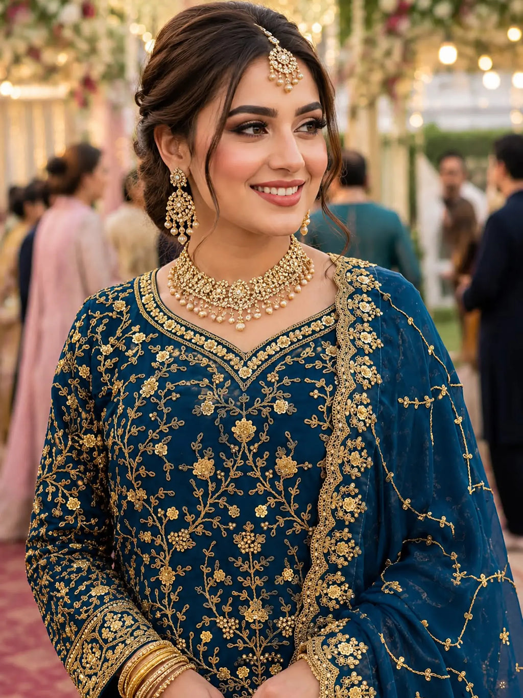 Intricate Sequence and Stone Embroidery on Teal Blue Georgette Lehenga Suit - close-up view