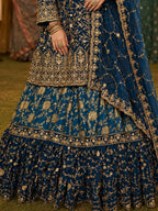 Matching Banarasi silk flared can-can lehenga skirt and dupatta for Teal Blue Lehenga Suit