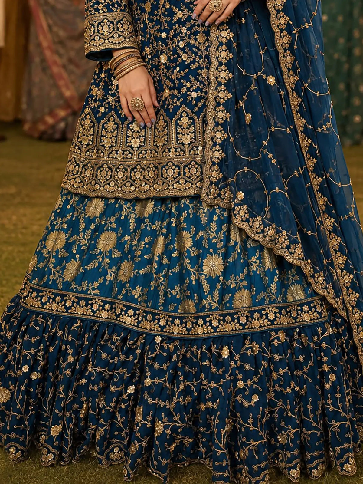 Matching Banarasi silk flared can-can lehenga skirt and dupatta for Teal Blue Lehenga Suit