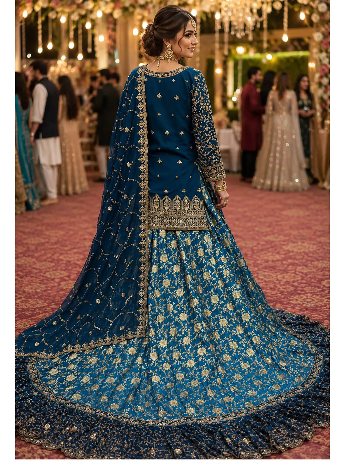 Back drape and silhouette details of Teal Blue Georgette Banarasi Lehenga Suit