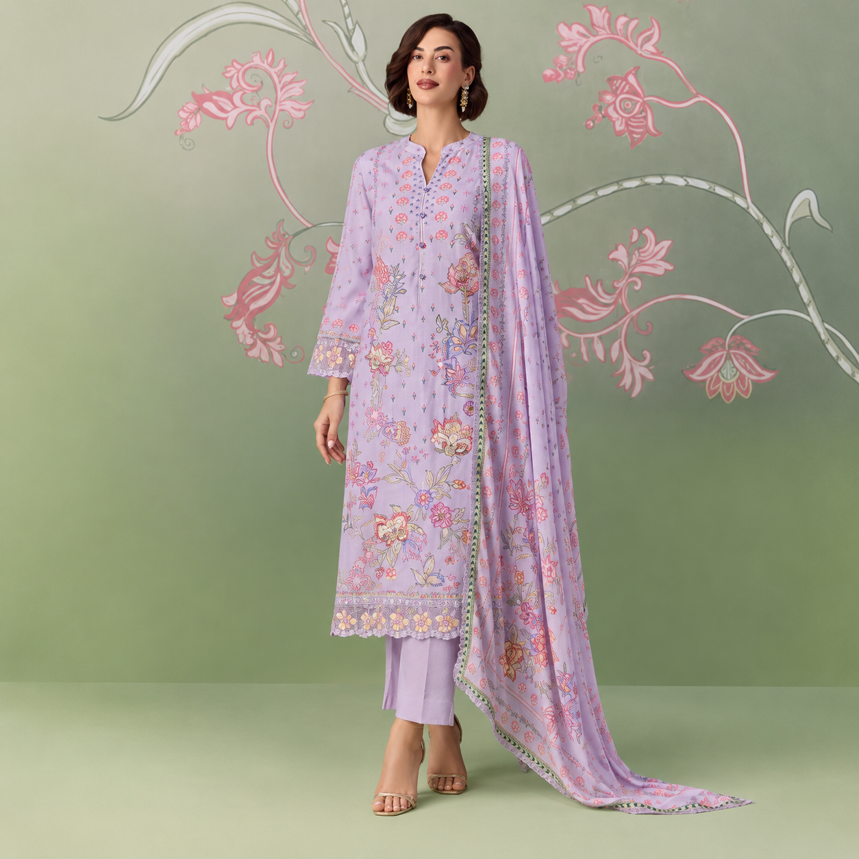Lilac Muslin Digital Print Embroidered Unstitched Salwar Kameez Set