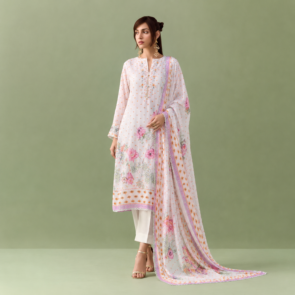 Ivory Muslin Digital Print Embroidered Unstitched Salwar Kameez Set
