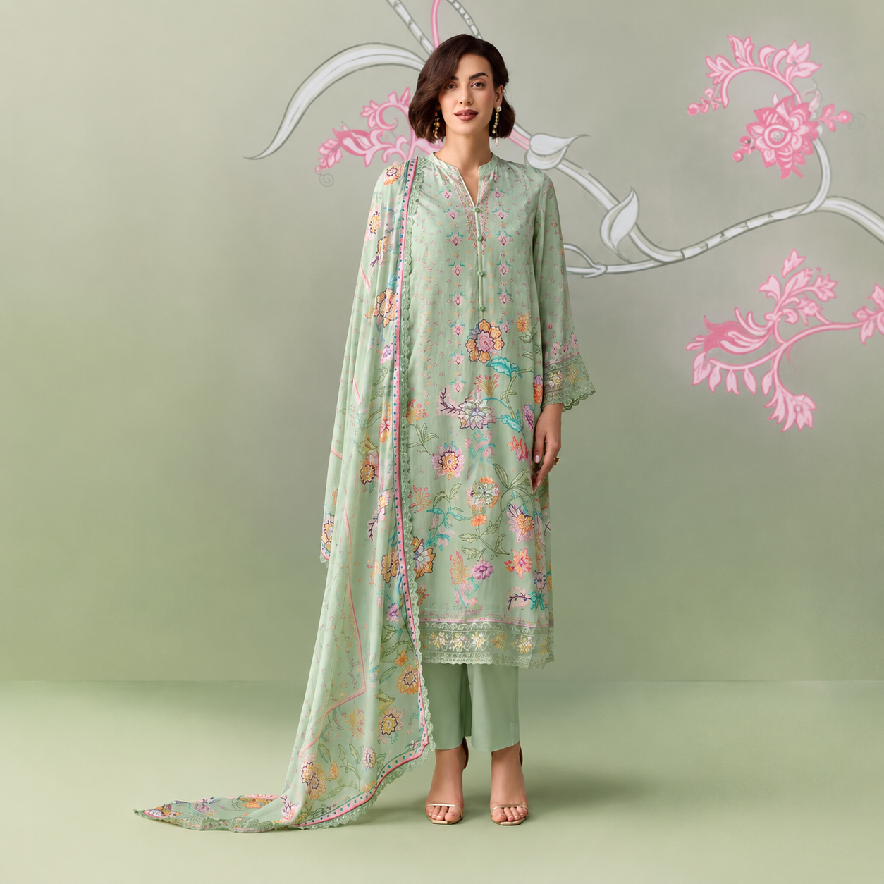 Mint Green Pure Muslin Digital Print Salwar Suit with Pure Chinon Dupatta