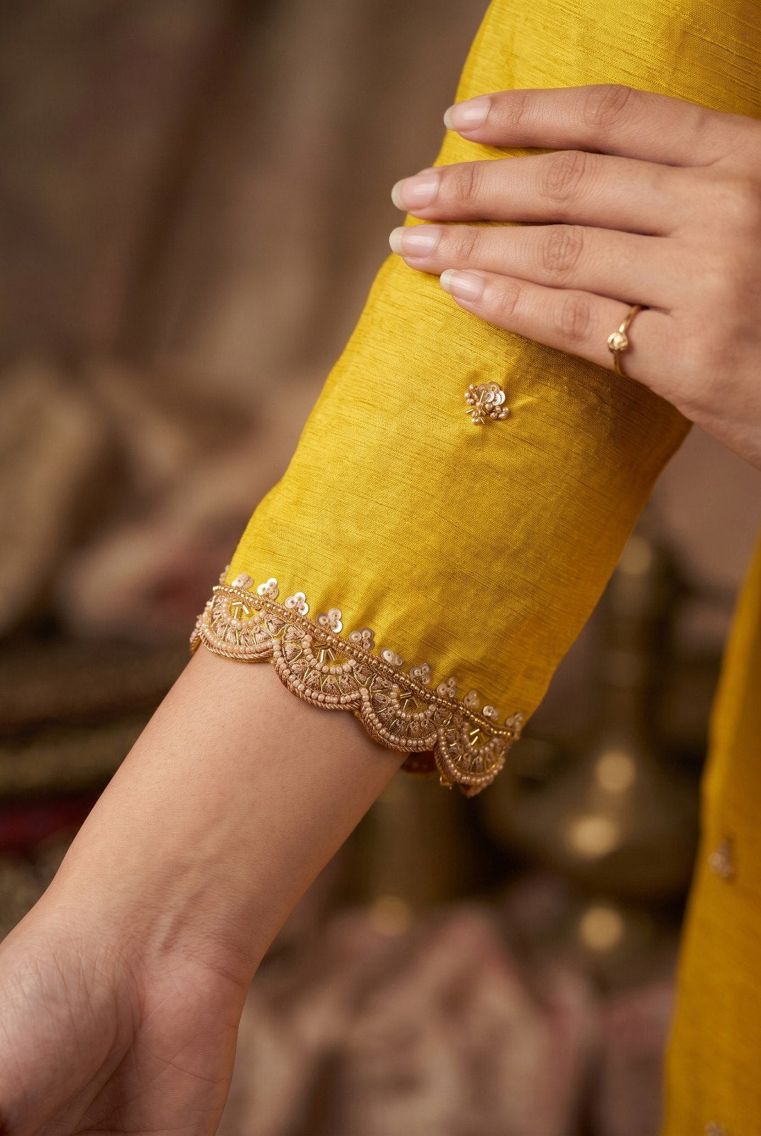 Sunshine Yellow Premium Chinon Beads Work Salwar Kameez Set