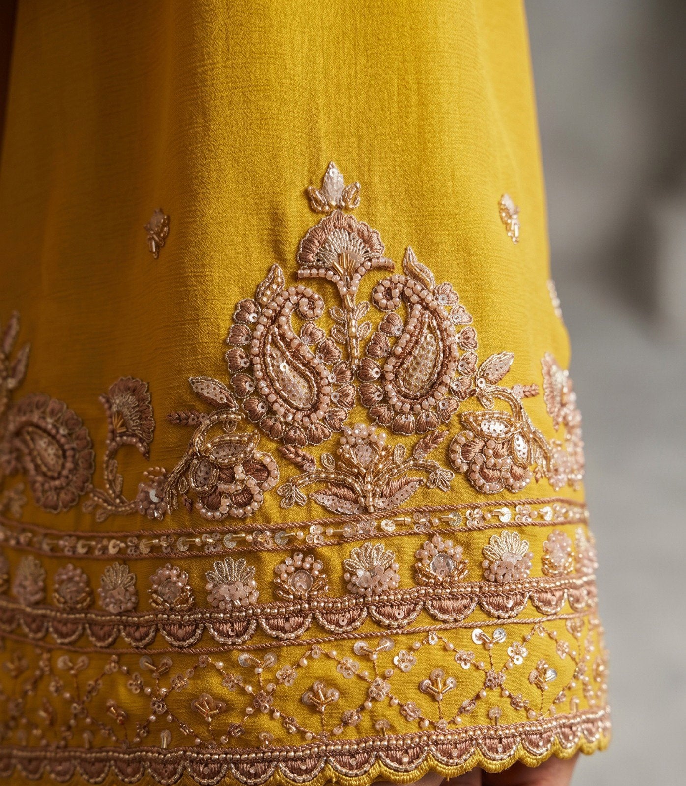 Sunshine Yellow Premium Chinon Beads Work Salwar Kameez Set