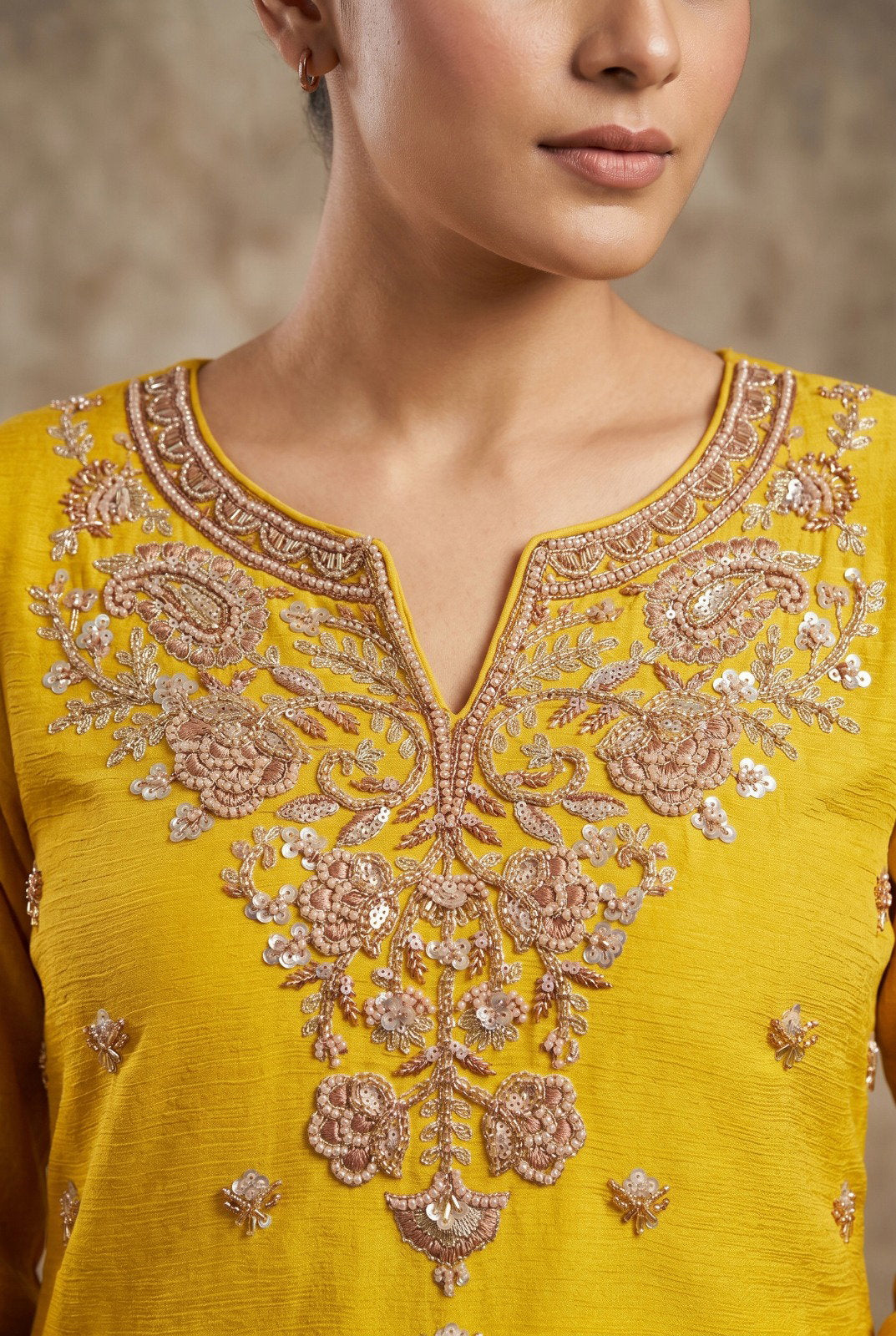 Sunshine Yellow Premium Chinon Beads Work Salwar Kameez Set