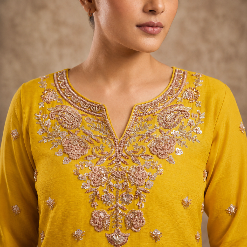 Sunshine Yellow Premium Chinon Beads Work Salwar Kameez Set
