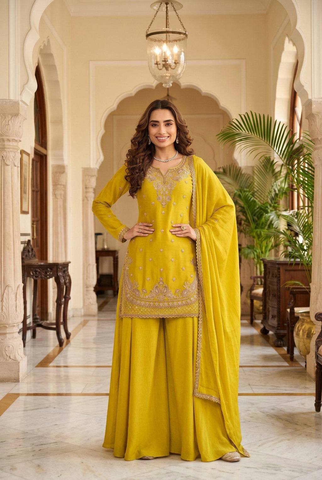Sunshine Yellow Premium Chinon Beads Work Salwar Kameez Set