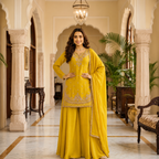 Sunshine Yellow Premium Chinon Beads Work Salwar Kameez Set