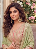 Blush Pink Embroidered Chinon Silk Palazzo Suit Set with Contrast Dupatta - View 2