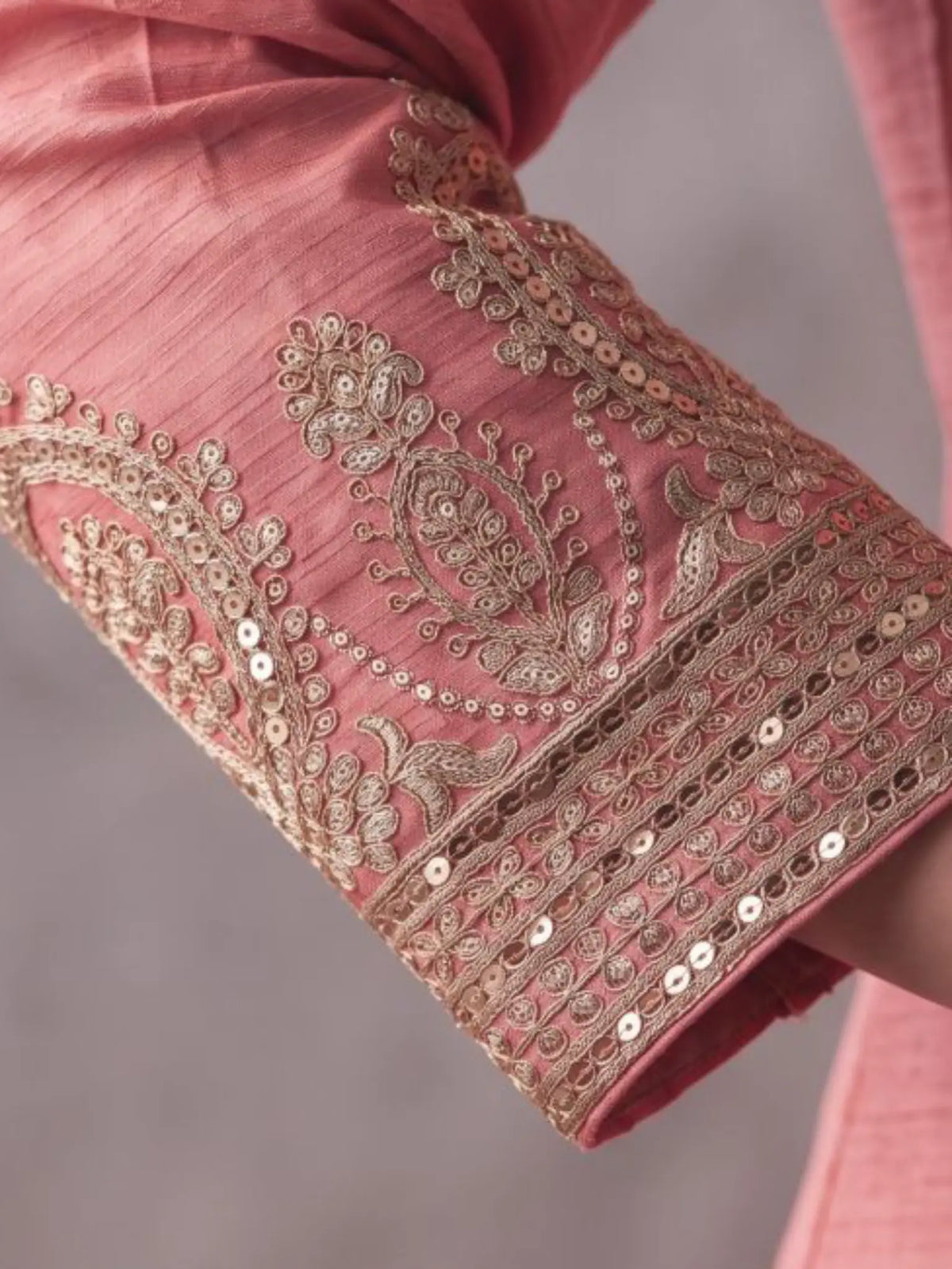 Blush Pink Embroidered Chinon Silk Palazzo Suit Set with Contrast Dupatta - View 3
