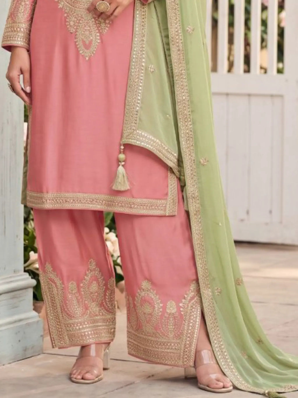 Blush Pink Embroidered Chinon Silk Palazzo Suit Set with Contrast Dupatta - View 4