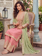 Blush Pink Embroidered Chinon Silk Palazzo Suit Set with Contrast Dupatta - View 5