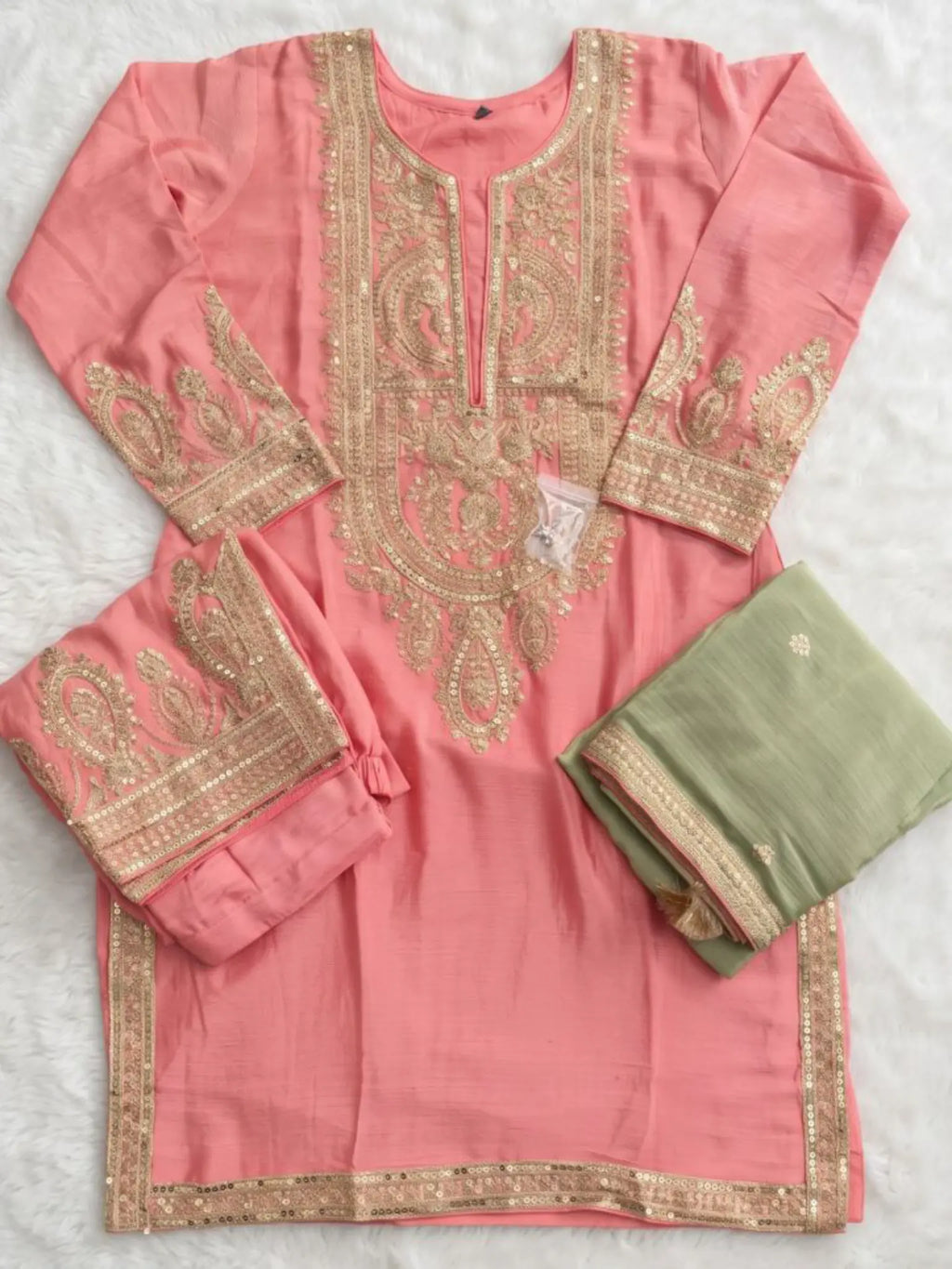 Blush Pink Embroidered Chinon Silk Palazzo Suit Set with Contrast Dupatta - View 6