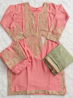 Blush Pink Embroidered Chinon Silk Palazzo Suit Set with Contrast Dupatta - View 6