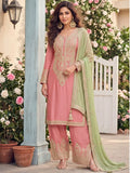 Blush Pink Embroidered Chinon Silk Palazzo Suit Set with Contrast Dupatta