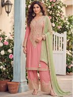Blush Pink Embroidered Chinon Silk Palazzo Suit Set with Contrast Dupatta - View 1