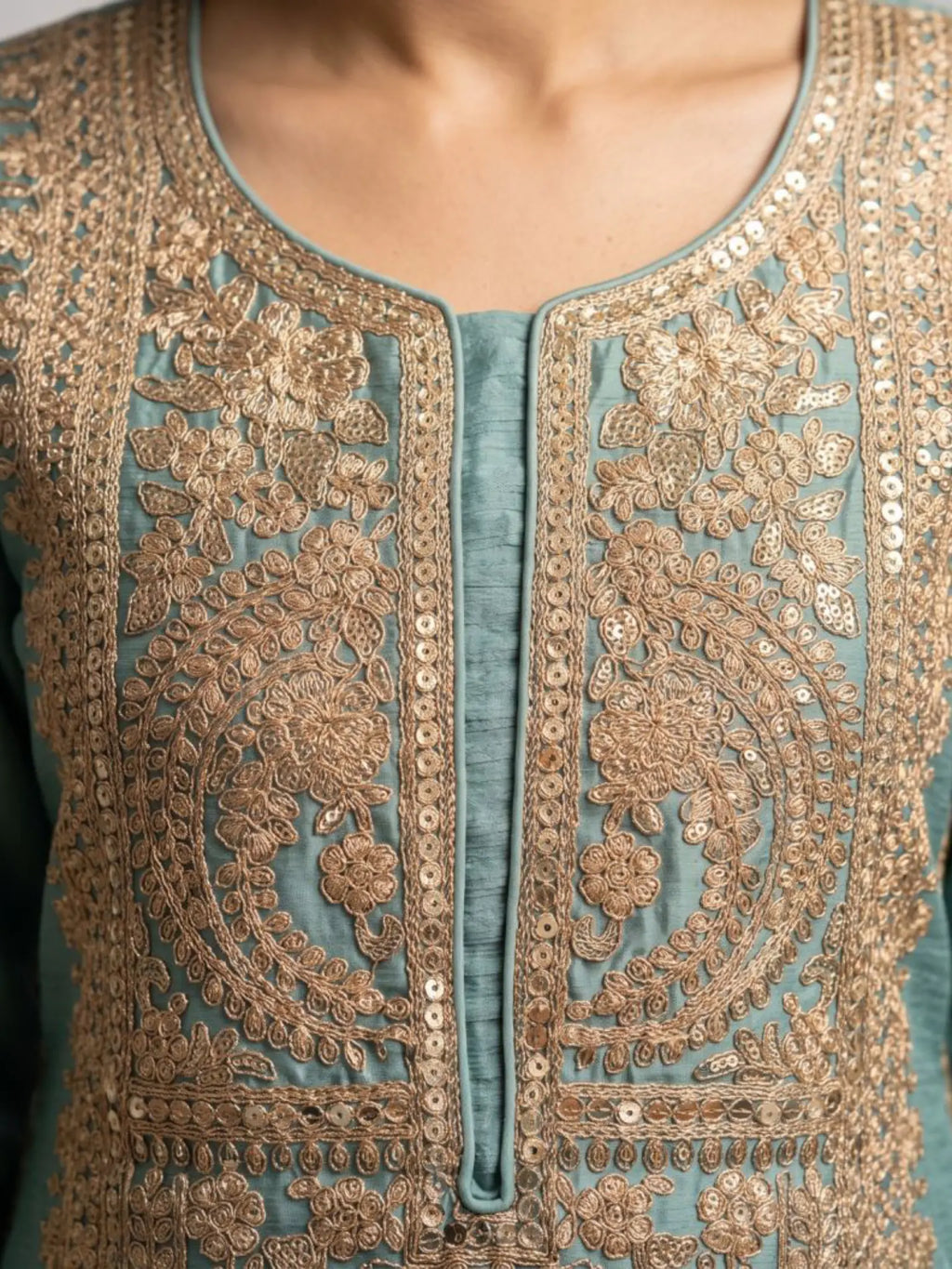 Powder Blue Embroidered Chinon Silk Palazzo Suit Set with Contrast Dupatta - View 2